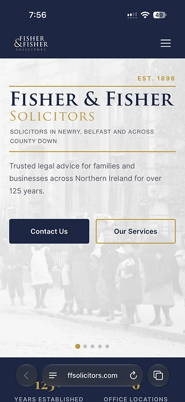 The Fisher & Fisher Solicitors website on a phone